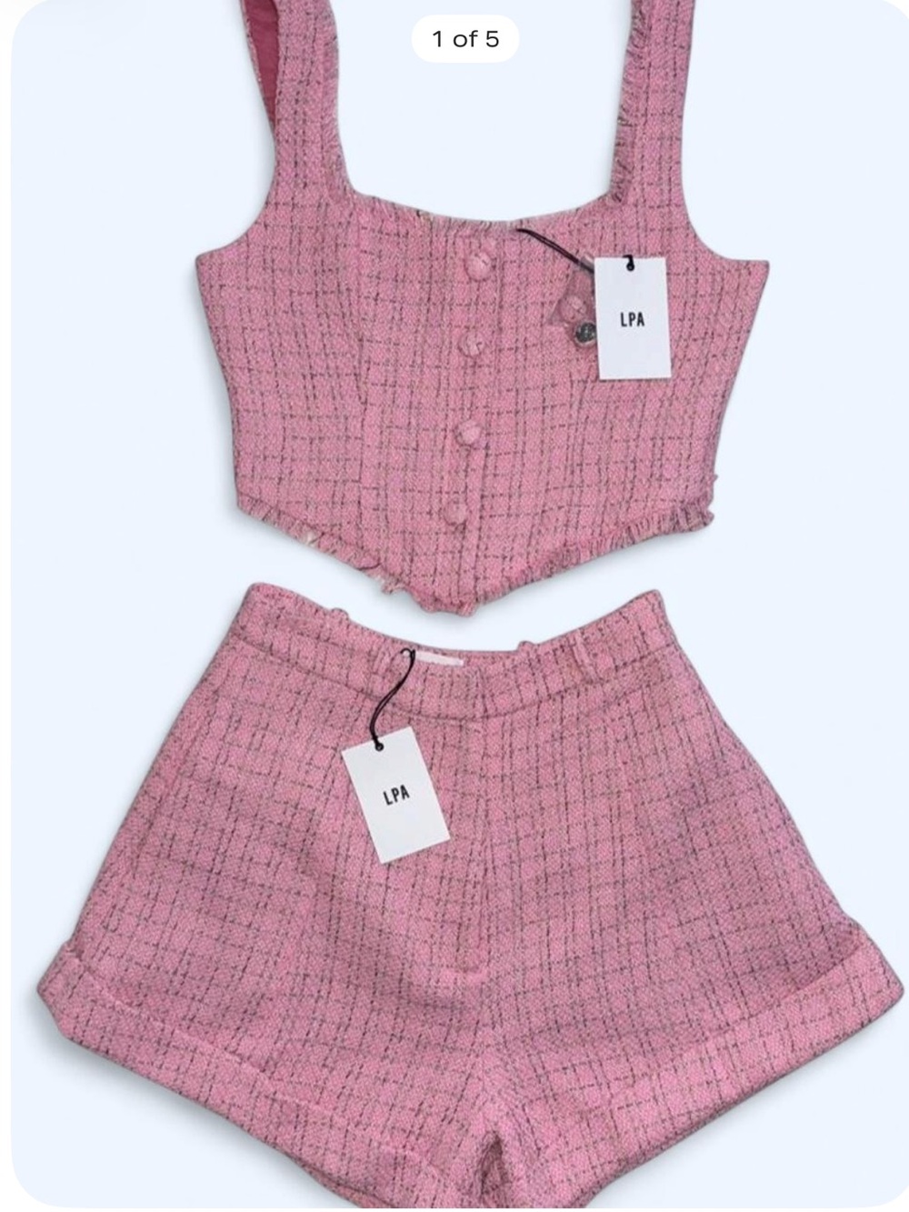 LPA x REVOLVE NWT Pink Tweed Crop Top & High Waisted Shorts Matching Set